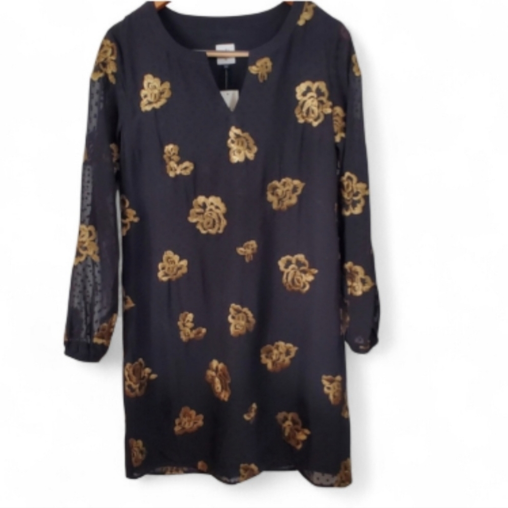 Cabi NWT Occasion Swiss Dot Dress Black & Gold, sheer long sleeves sz XS